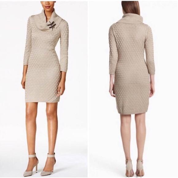 NEW Calvin Klein Tan Cream Leather Buckle Cowl Neck Bodycon Sweater Mini Dress M - Picture 1 of 10